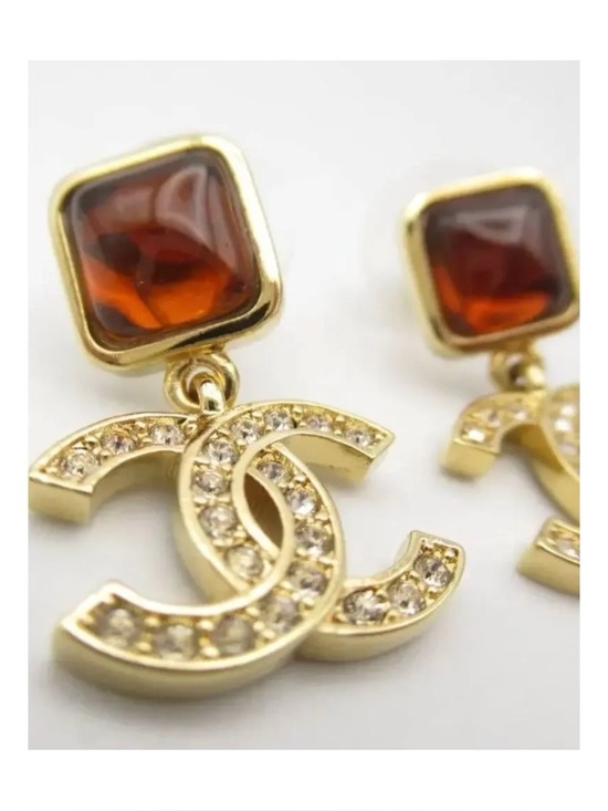 CHANEL Jewelry - Chanel CC Drop Earrings Gold Tone Crystal Amber Stone Pierced